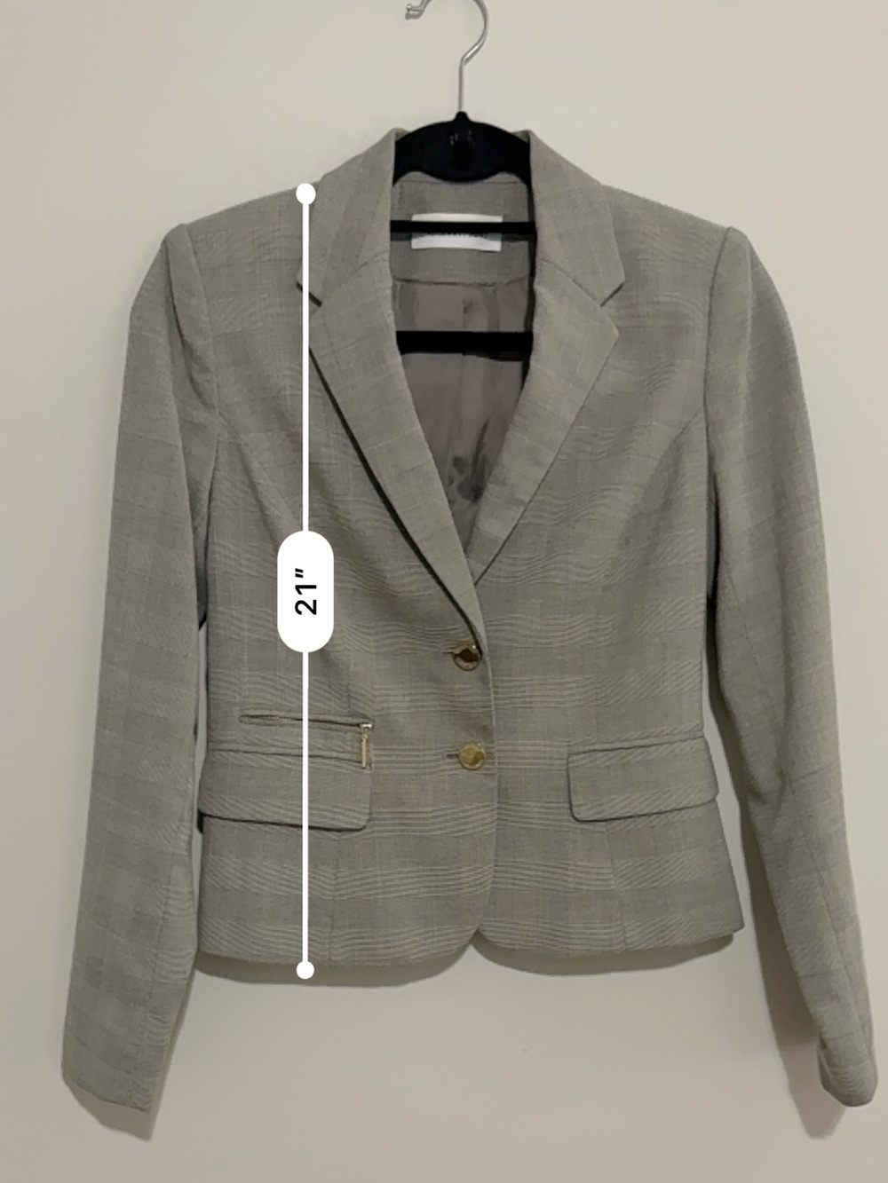 Calvin Klein Women’s Light Gray Plaid Fitted Blazer with Gold Buttons - Picture 7 of 9
